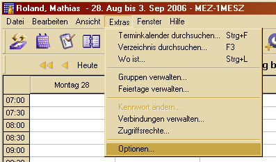 Klienten für den Kalenderserver Screenshot Extras Optionen