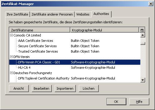 Fenster Zertifikat-Manager mit DFN Classic Zertifikat