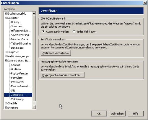 Einstellungen Zertifikate